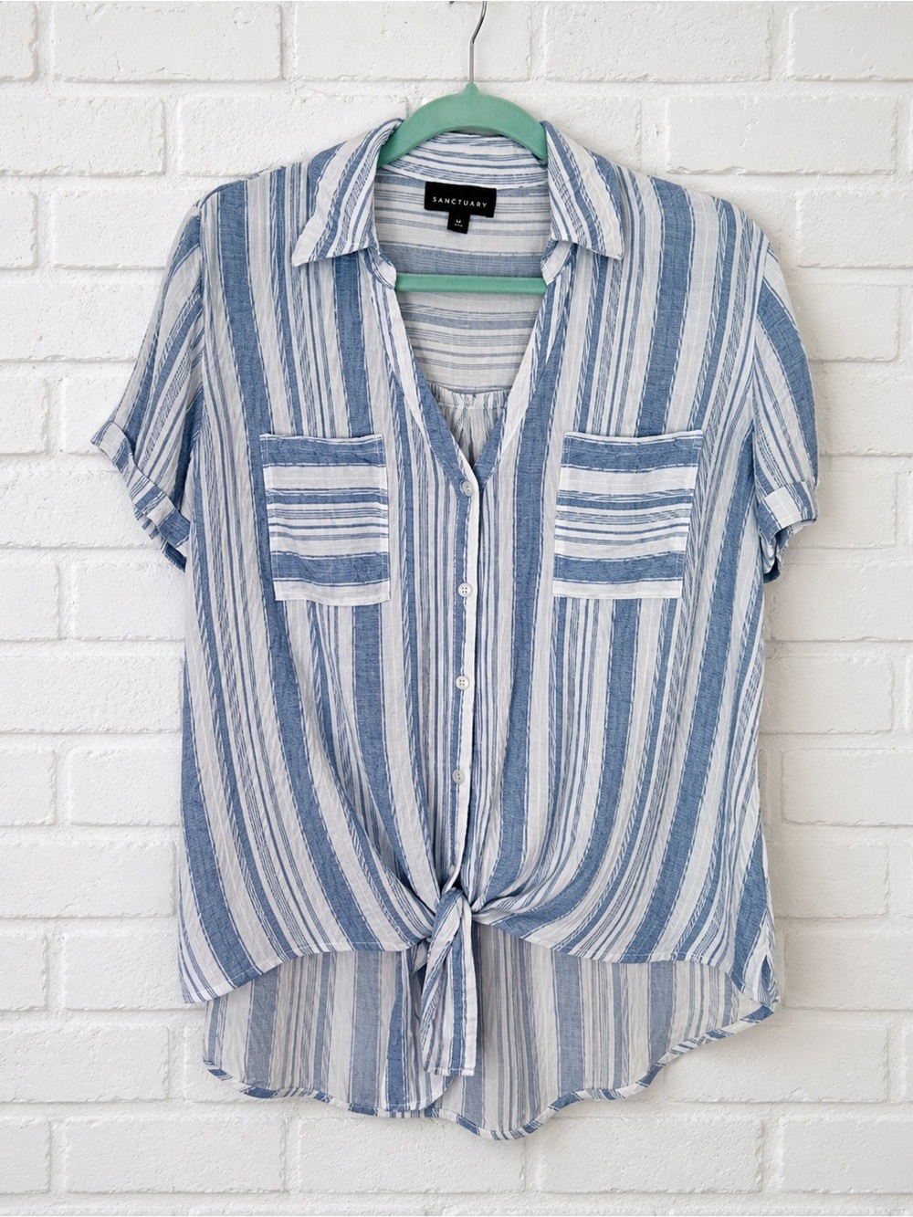 Fortune + Ivy Blue White Striped Tie Front Button Front Blouse Short Sleeve